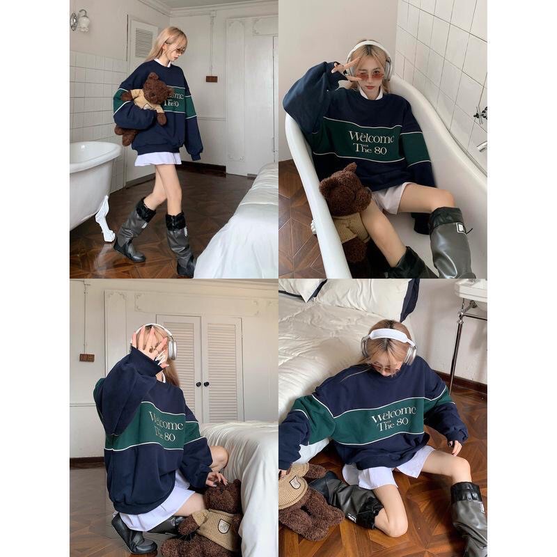 ÁO NỈ SWEATER xanh than phối màu sọc xanh lá thu đông 2022