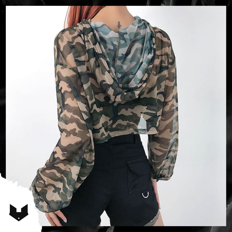 ÁO CROPTOP DÀI TAY REN LƯỚI CAMO CÓ MŨ, O TẬP NHẢY DANCE