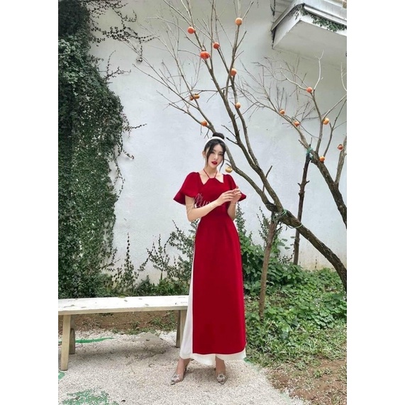 SET ÁO DÀI NHUNG ĐỎ CỔ YẾM TAY BỒNG HOT 2023