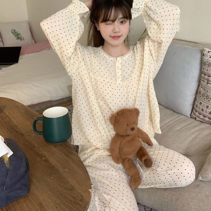 Bộ bầu chấm bi chất đũi xốp muslin cao cấp quần có cúc điều chỉnh độ rộng freesize