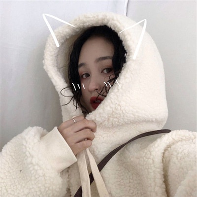 Áo khoác hoodie lông cừu form rộng có mũ phong cách Hàn Quốc, màu trắng cho nàng mùa đông ấm áp.TH66