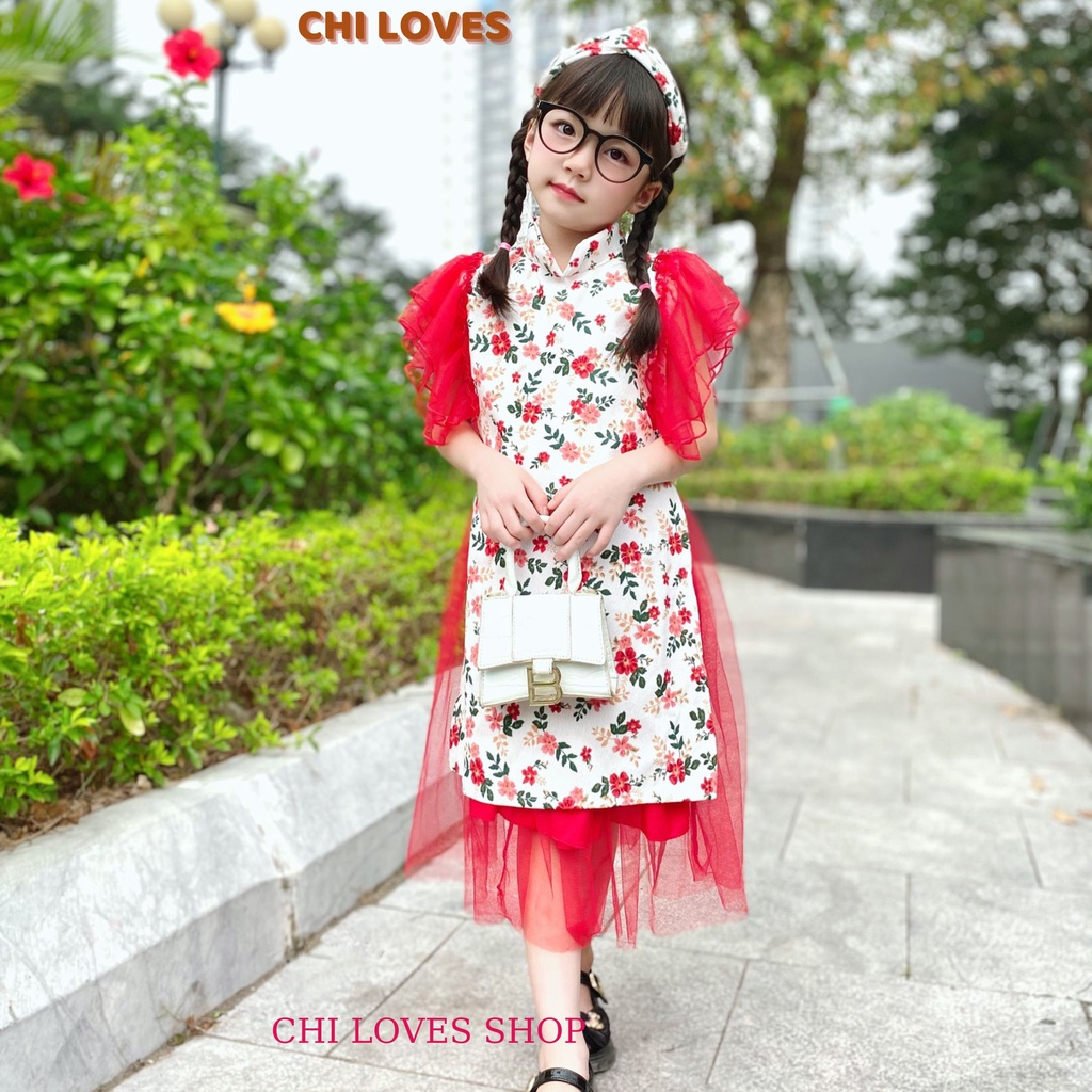 Áo dài cách tân bé gái thiết kế CHI LOVES. Áo dài bé gái chất dạ hoa trắng CT5