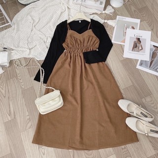 SET ĐẦM DÂY NHUNG + ÁO KHOÁC LEN