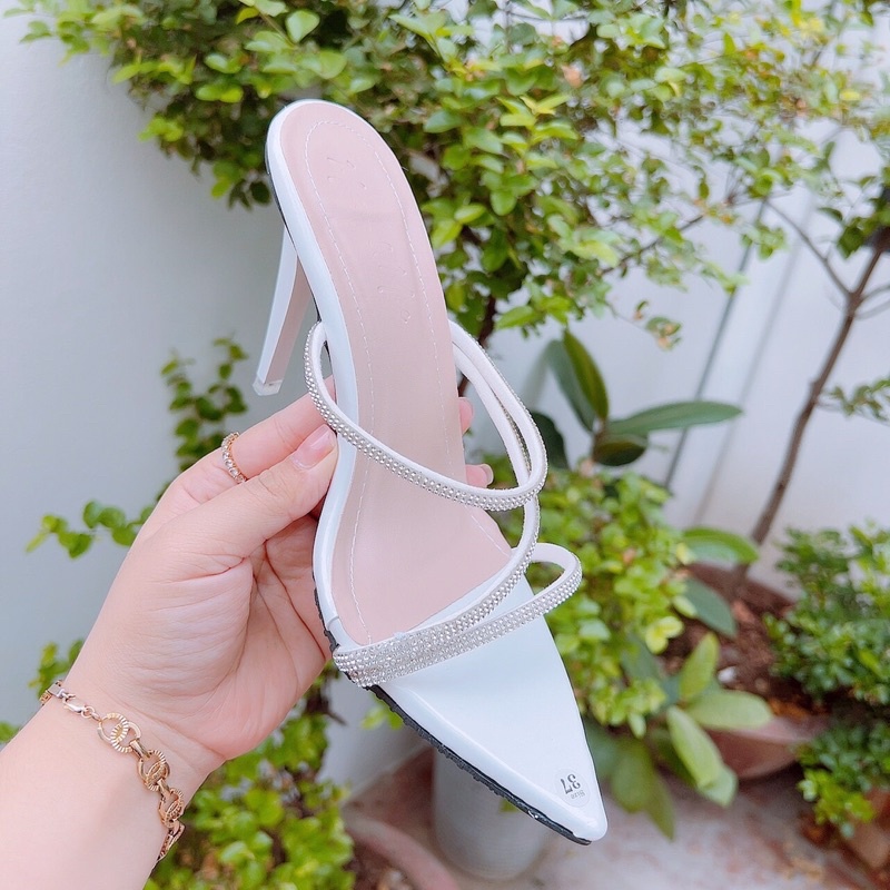 👠Ảnh Thật👠 Dép cao gót quai mảnh đá chéo mũi nhọn gót nhọn 9cm