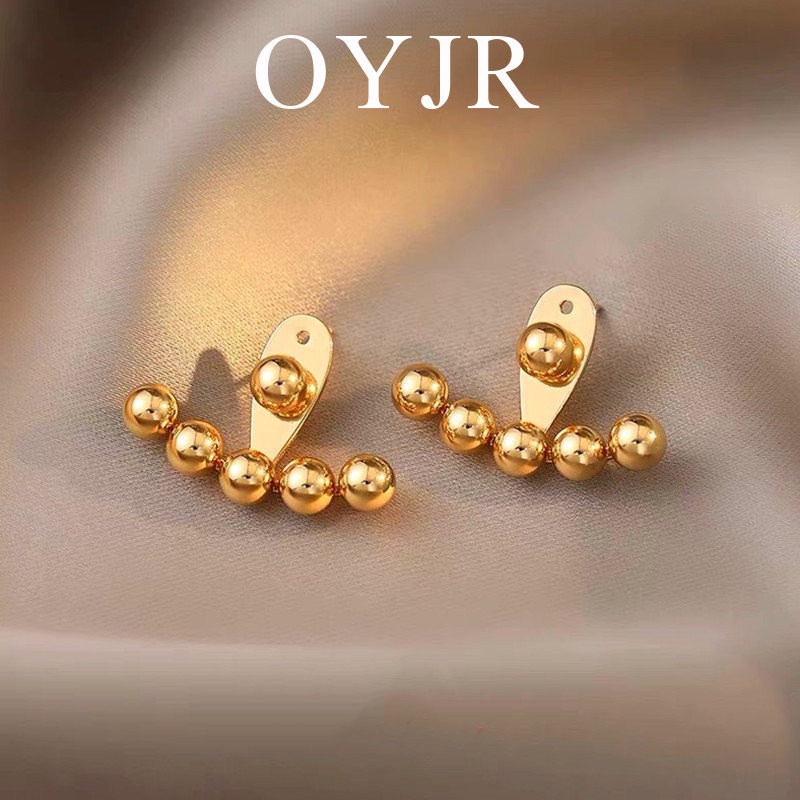 Khuyên tai OYJR bằng titan hình hạt tròn màu vàng có 2 cách đeo phong cách Hàn Quốc thời trang thanh lịch cho nữ