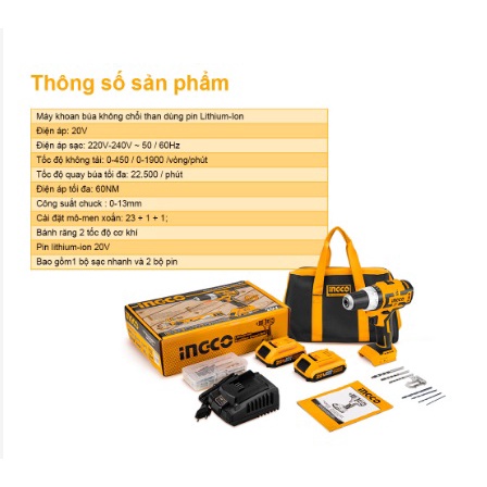 Máy khoan búa không chổi than dùng pin Lithium-Ion CIDLI20608 hiệu INGCO đi kèm với pin và bộ sạc cùng