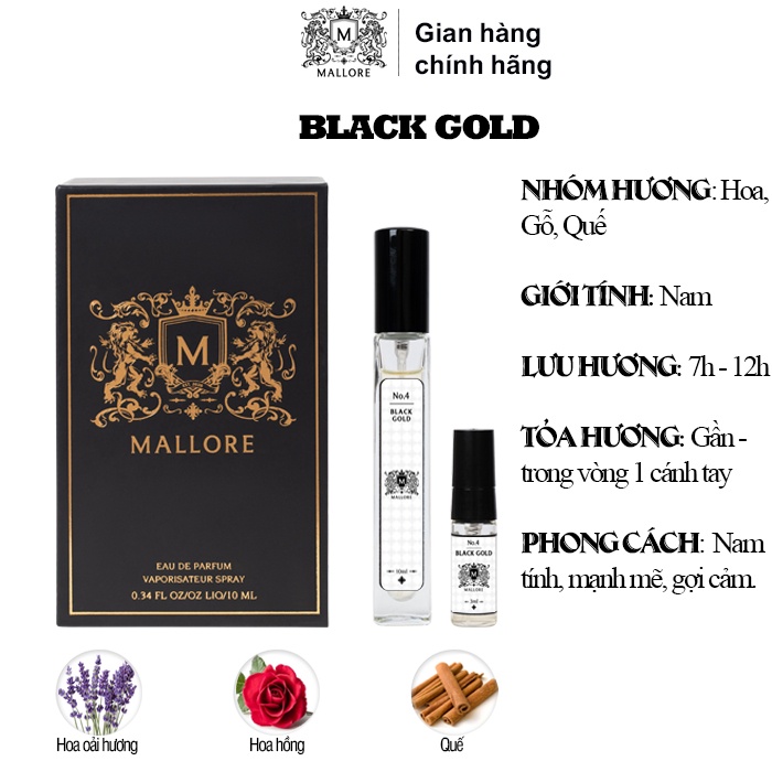 Nước hoa nam Mallore Black Gold dạng xịt. Nước hoa mini nam tính, gợi cảm, thu hút 10ml