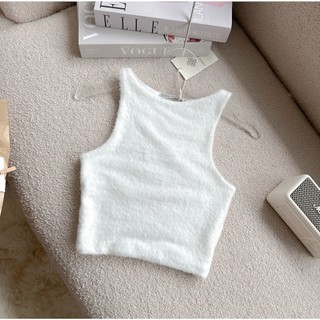 Áo lông ba lỗ croptop Four Studio màu xanh trắng mịn dày dặn A41
