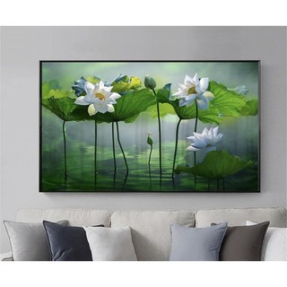 Tranh hoa sen trắng canvas đóng khung hoàn thiện. in công nghệ uv.size 50x90