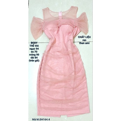 Đầm dự tiệc, body trễ vai, ren phối thun umi, màu hồng ánh nhũ, mới 95%, size L, 2hand