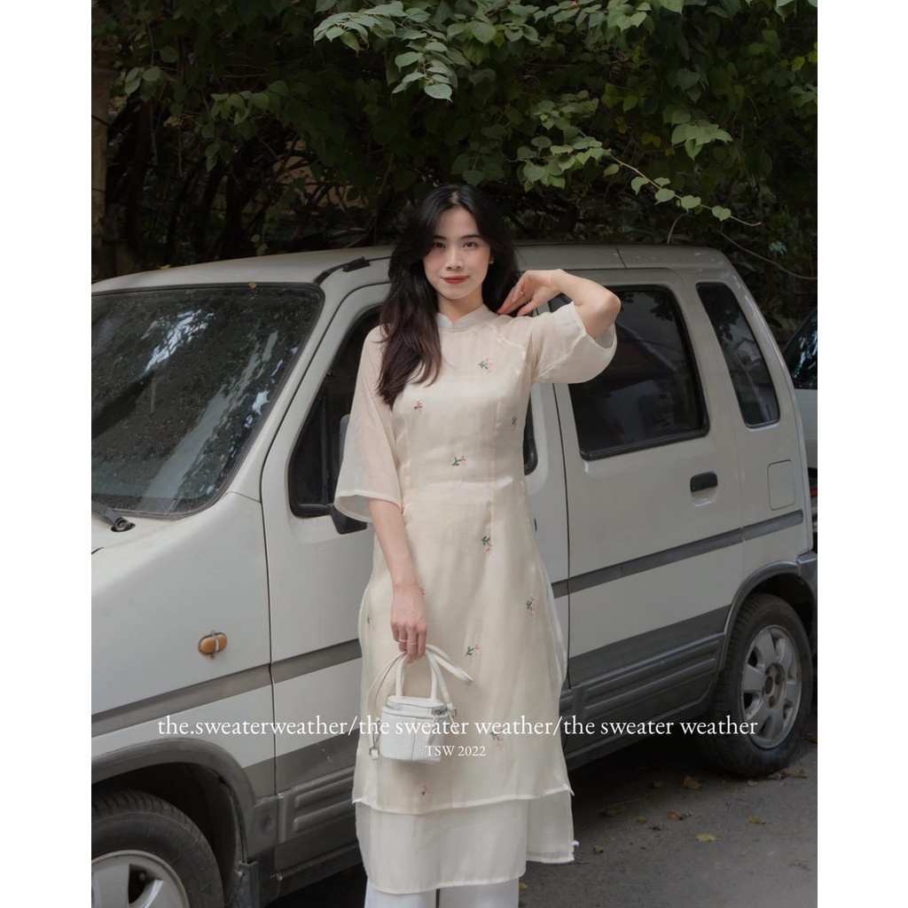 Set áo dài JUNSTORE voan tơ thêu hoa nhí aodaivoantheuhoa212