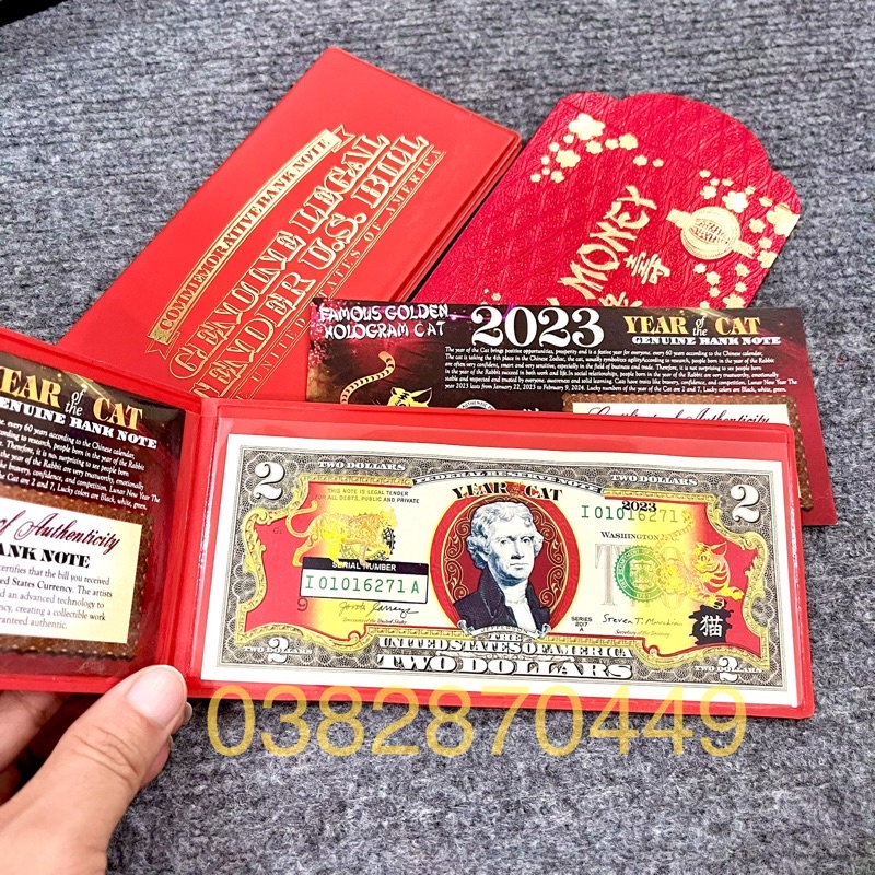 Tờ 2 Đô, 2 USD Hình Con Mèo Mạ Vàng 3D Kỷ Niệm Làm Quà Tặng, Sưu Tầm, Trang Trí, Lì Xì Tết 2023