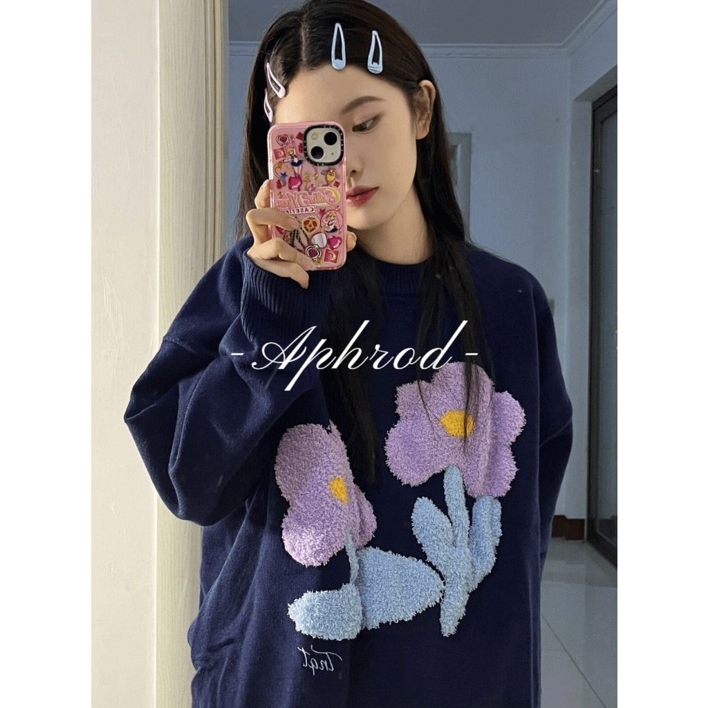 Aphrod Áo sweater Dáng Rộng Mềm Mại In Hoa Kiểu Cổ Điển Nhật Bản Thời Trang Mùa Thu Cho Nữ