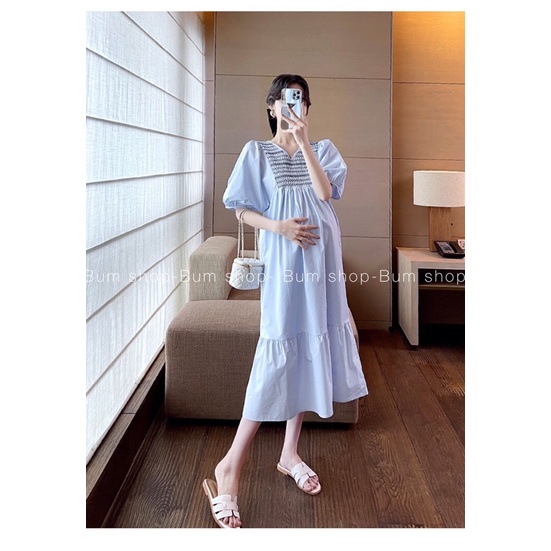 Váy bầu xanh tay phồng Quảng Châu nhíu hoạ tiết