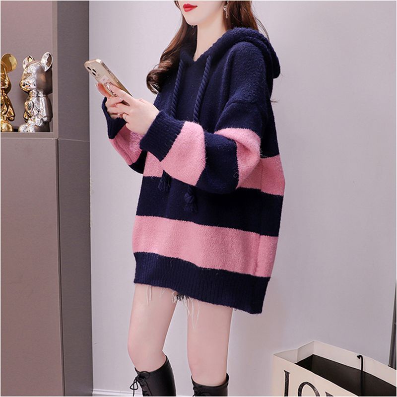 Áo Hoodie Dệt Kim Dáng Rộng Họa Tiết Kẻ Sọc Phong Cách Phương Tây Thời Trang