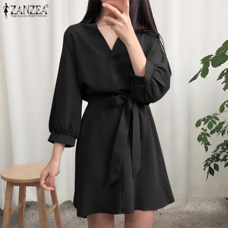 Đầm ZANZEA ngắn cổ chữ V có dây thắt lưng thời trang cho nữ zanzea