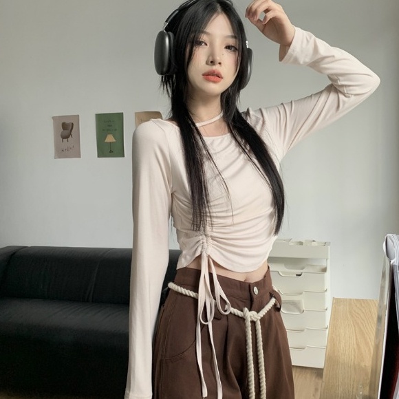 Áo kiểu SUXI tay dài ôm dáng vừa vặn phối dây rút thời trang xuân hè dành cho nữ