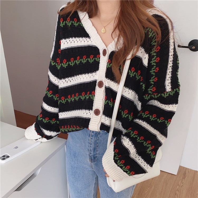 IELGYÁo Khoác cardigan Họa Tiết Hoa Phong Cách retro Hàn Quốc Dễ Phối Đồ Cho Nữ