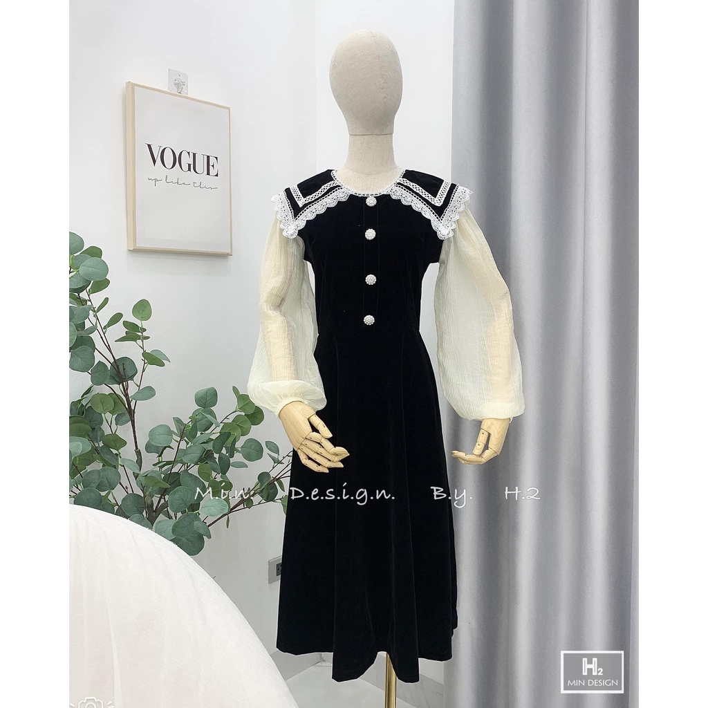 [Ảnh Thật/ Video]: Váy Nhung Thiết Kế Phối Cổ Viền Cực Xinh