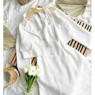 Set đầm + khoác trắng nút ngọc - Chitchitstore