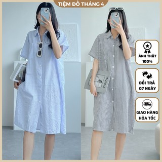 Đầm Sơ Mi Kẻ Sọc Ngắn Tay Dáng Dài Chất Cotton TIỆM ĐỒ THÁNG 4 SƠ MI SỌC 5150