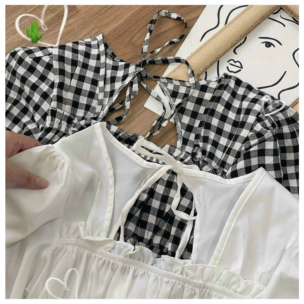 áo kiểu cổ vuông nhúm tay dài hở lưng v cột dây xinh mềm mịn