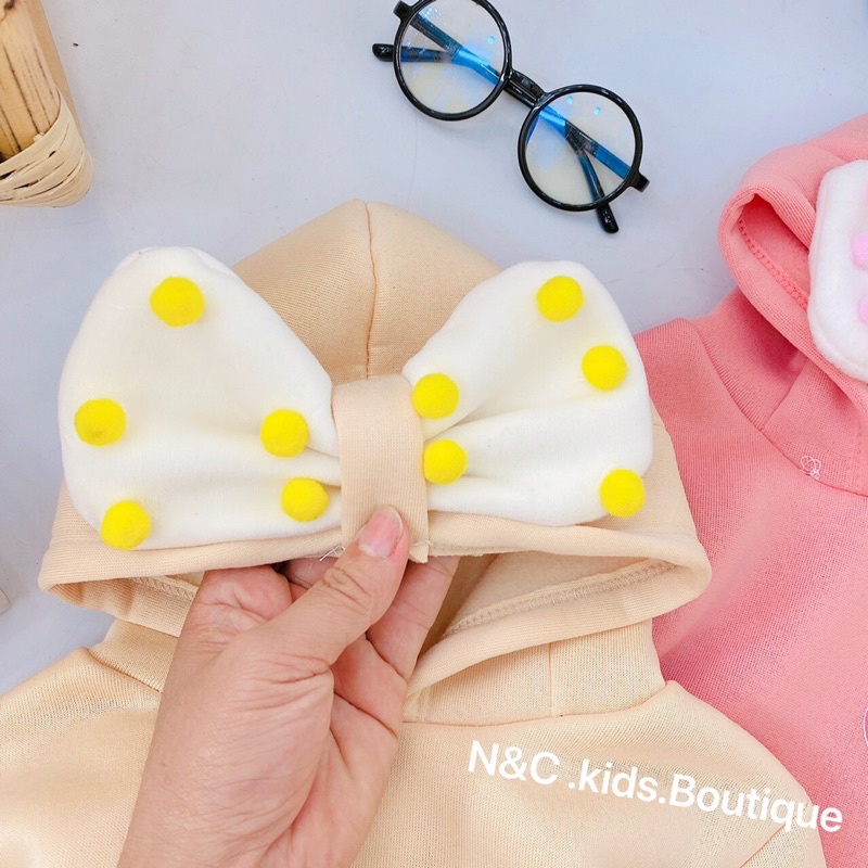 Áo hoodie nỉ bông cho bé gái đính nơ xinh xăn, quần áo trẻ em thu đông