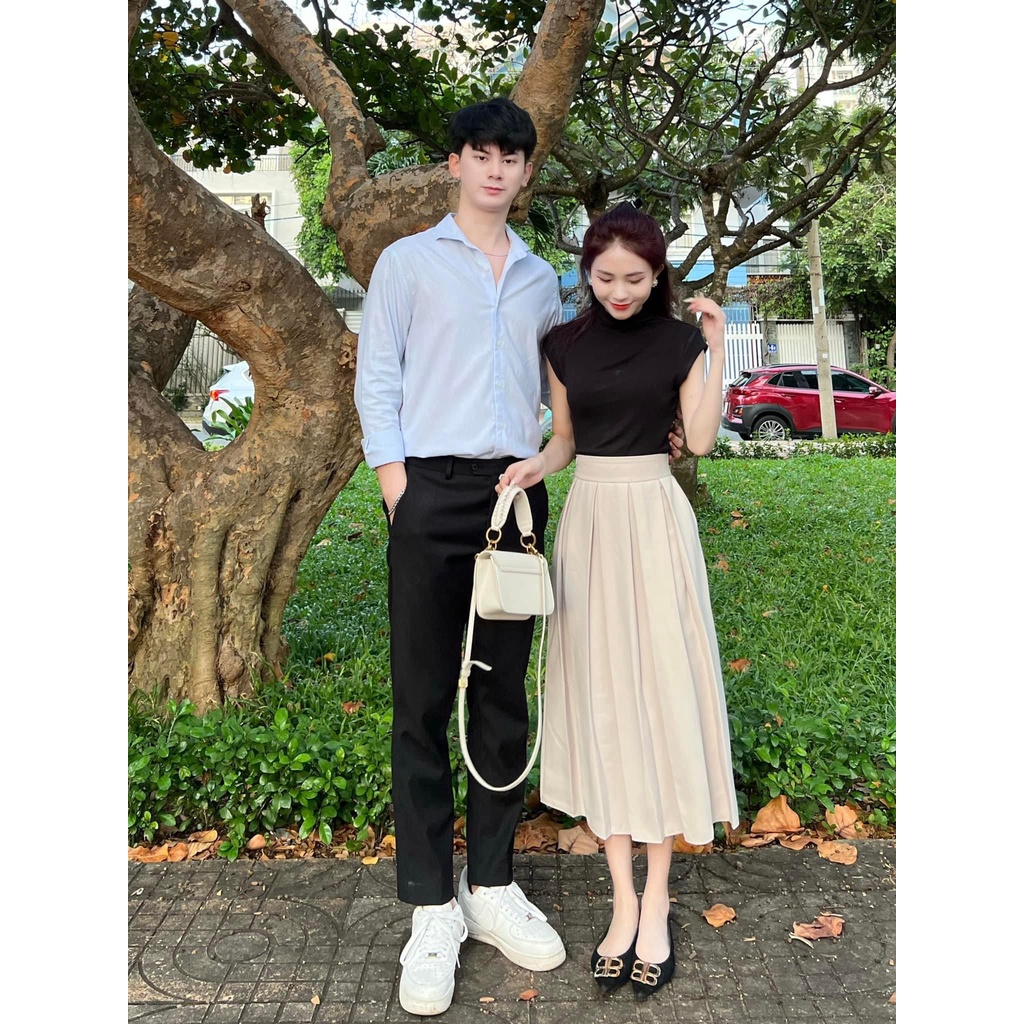 Chân váy Midi xòe dáng dài xếp ly to