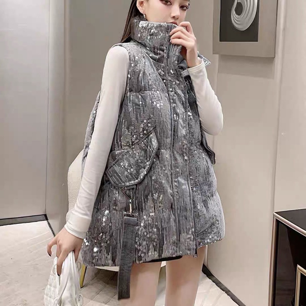 Áo Khoác Phao Sát Nách Cổ Đứng Vải Cotton Đính Kim Sa Lấp Lánh Thời Trang Thu Đông Châu Âu 2022