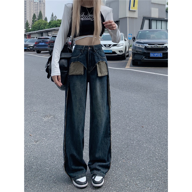 QADCOL Thiết Kế Với Túi Quần Jean Ống Rộng Thẳng Lưng Cao Phối Màu Tương Phản Cho Nữ