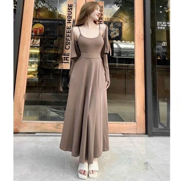 Set chân váy xòe Form dài mix áo croptop 2 dây kèm áo khoác ngoài tay dài chất thun gân siêu tôn dáng