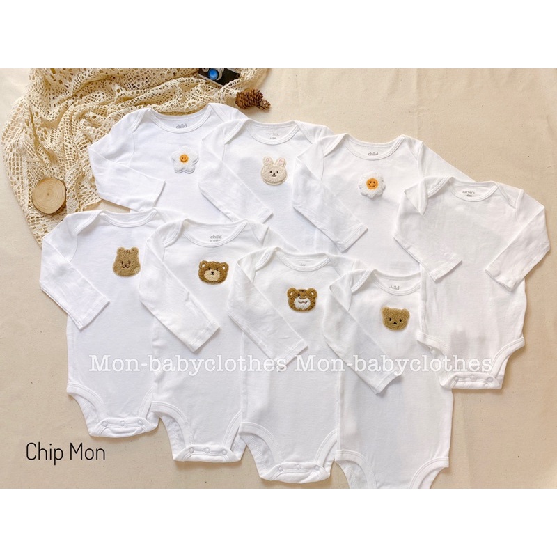 Bộ liền thân cotton mềm mịn trắng trơn cho bé 3-24m