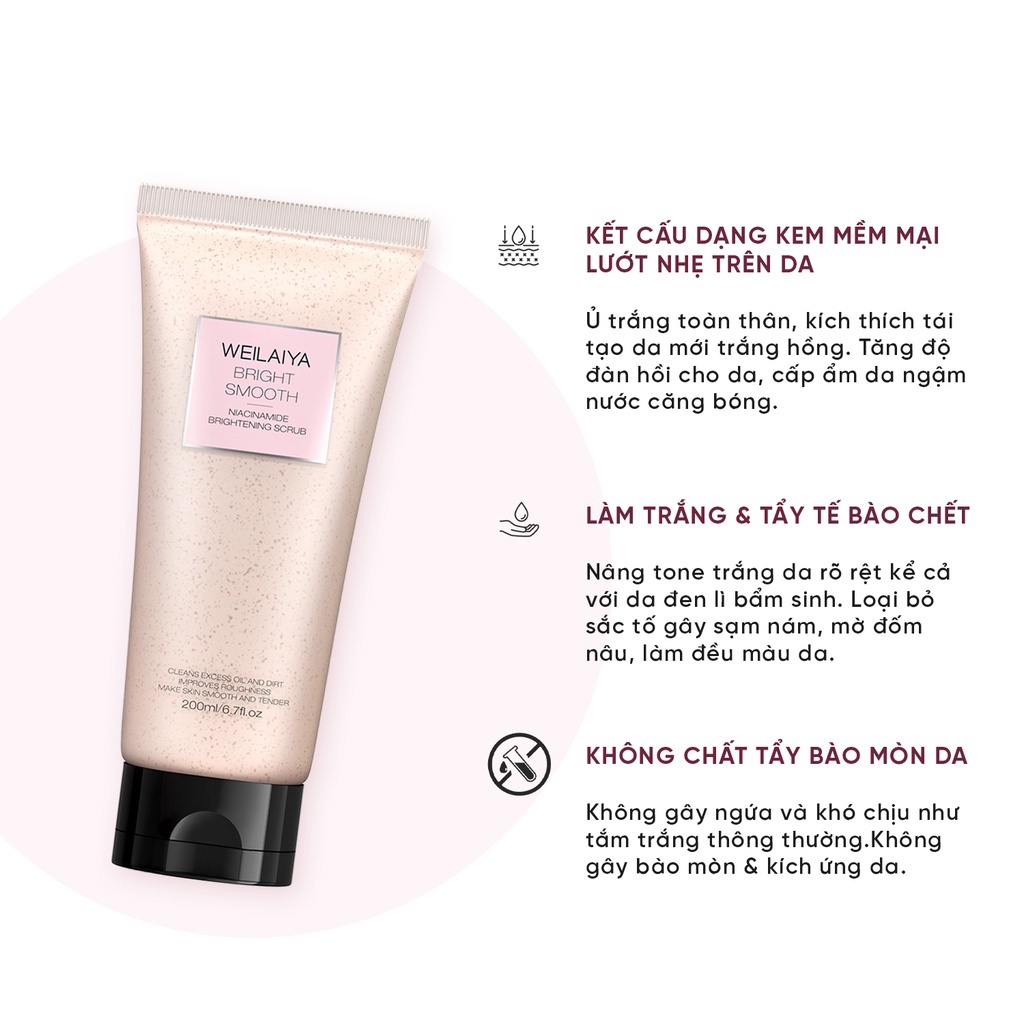 Kem Ủ Trắng Body Weilaiya Bright Smooth Tẩy Tế Bào Da Chết Body, Mặt An Toàn Cho Mọi Loại Da 200ml
