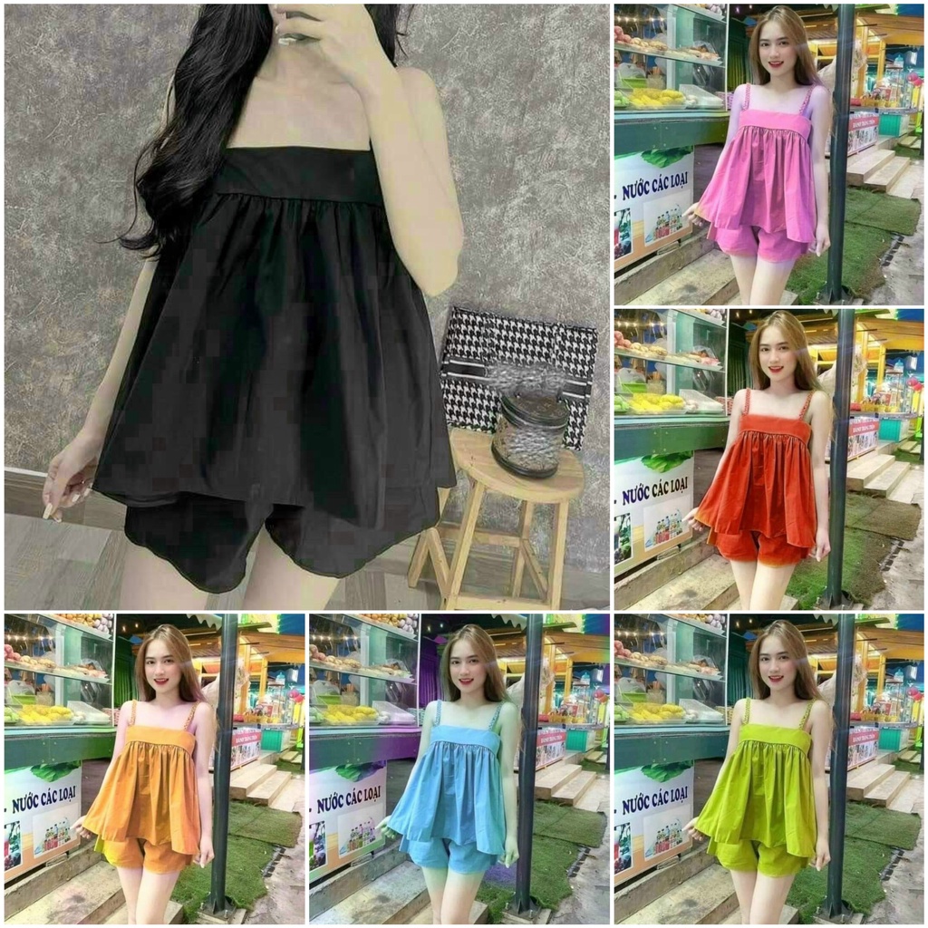 Set đùi lụa hàn hai dây cổ vuông màu sắc tươi tắn siêu xinh