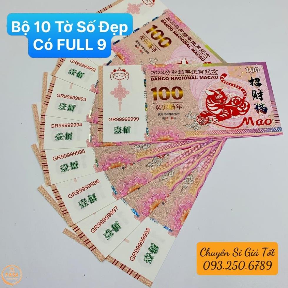 ⭐SIÊU HÓT⭐ Bộ 10 Tờ Số Đẹp, có Full 9 - Tiền hình con Mèo Macao 100 lì xì tết Quý Mão - tặng kèm bao lì xì tết