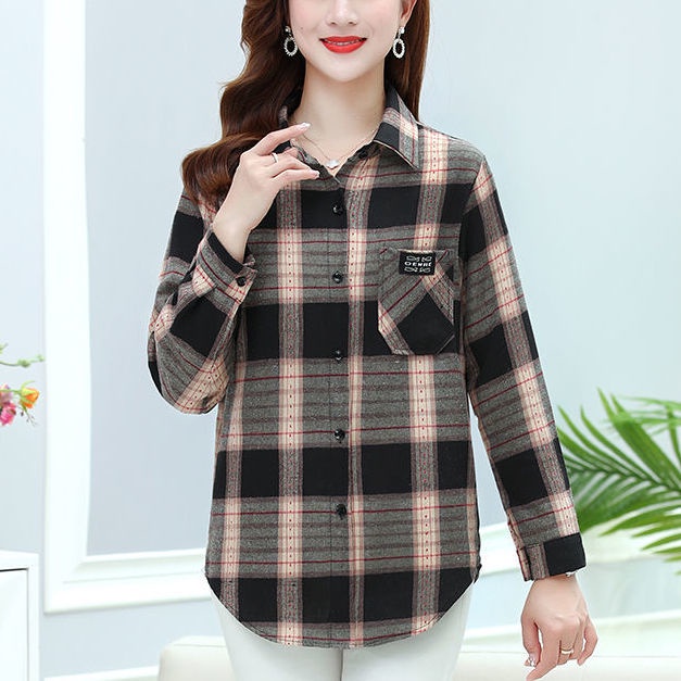 Áo Khoác Sơ Mi Caro Tay Dài Thời Trang Cho Phụ Nữ Trung Niên