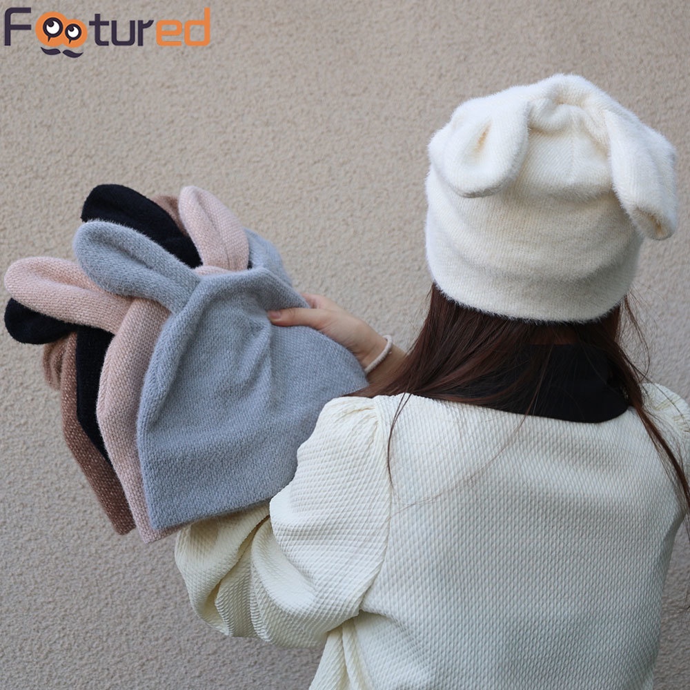 Mũ Beanie Dệt Kim Mềm Mại Dày Dặn Ấm Áp Hình Tai Thỏ Dễ Thương Hợp Thời Trang Cho Nữ Chạy Bộ / Đạp Xe Ngoài Trời