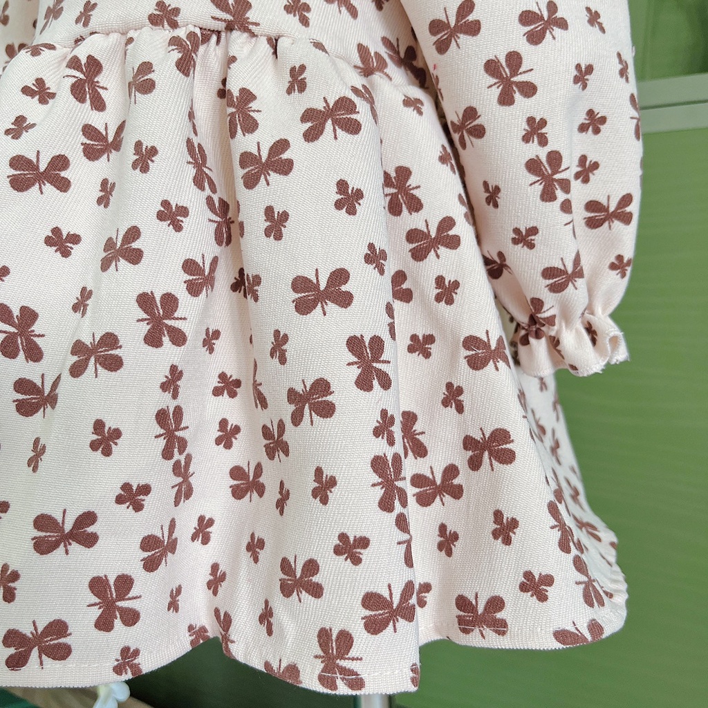 Váy thu đông cho bé gái từ 8-32kg chất nhung họa tiết hoa nâu kèm ren ngực