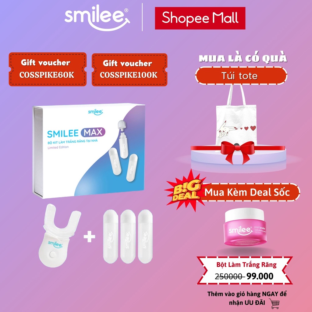 Trắng răng tại nhà Smilee Max, trắng từ 3 đến 6 tone sau 1 liệu trình, ngăn ngừa sâu răng, viêm nướu. Hàng chính hãng