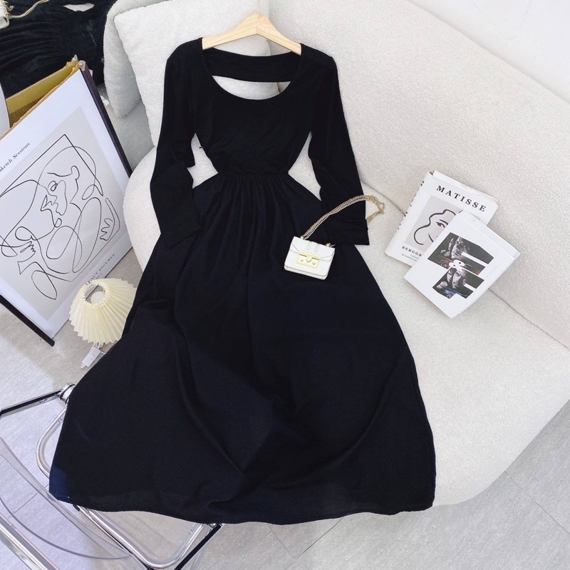 Đầm maxi đen tay dài khoét lưng - Ảnh thật shop chụp, đầm dài, đầm xoè