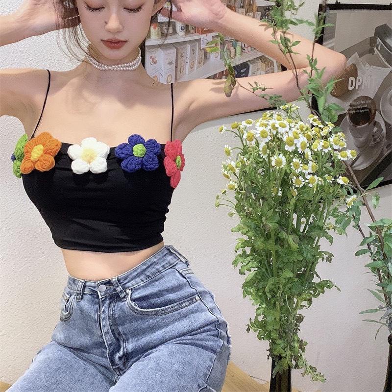 Áo thun croptop hai dây hoa len móc siêu xinh - lavender