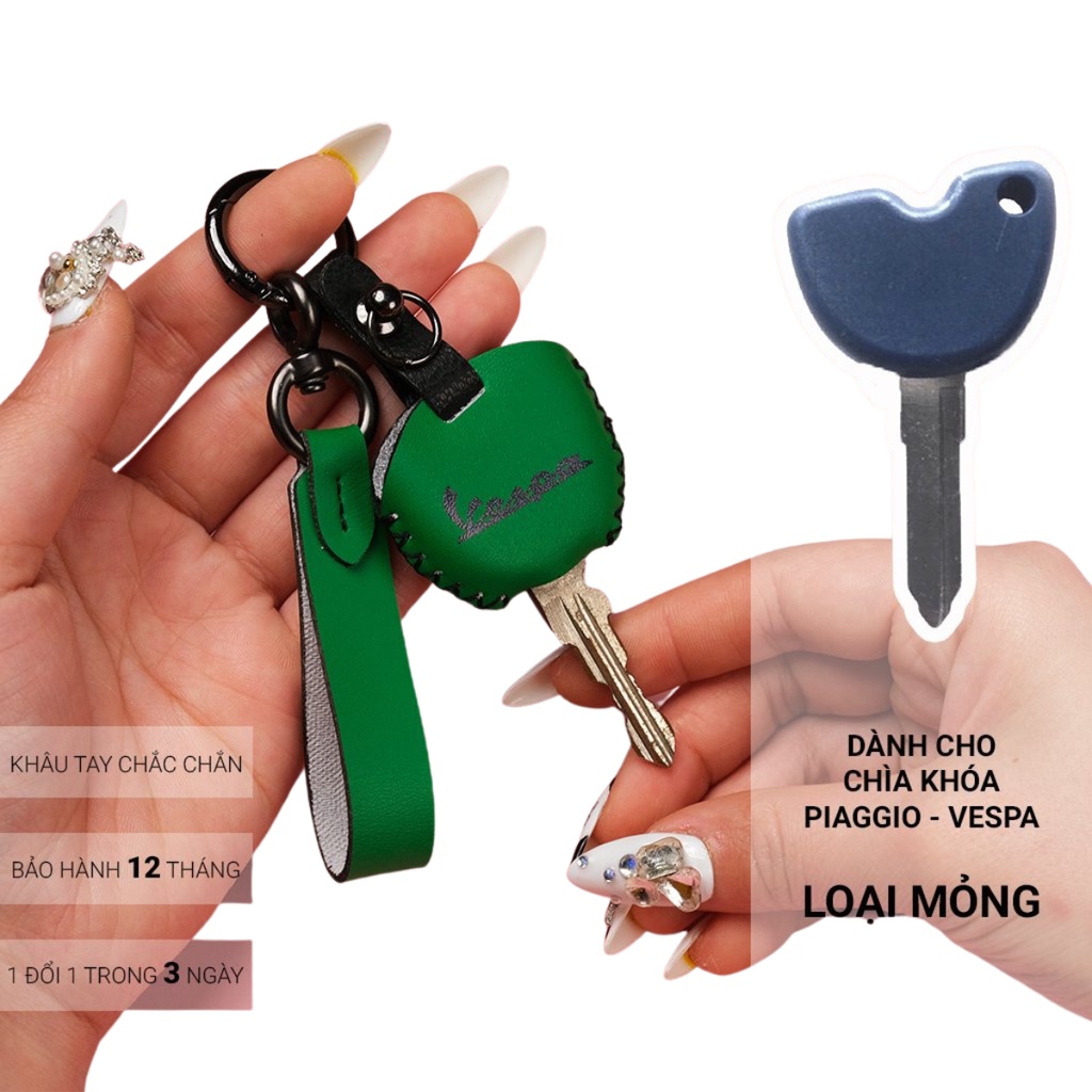 Bao da bảo vệ chìa khóa Piagio Vespa khâu tay thủ công, móc A hiện đại
