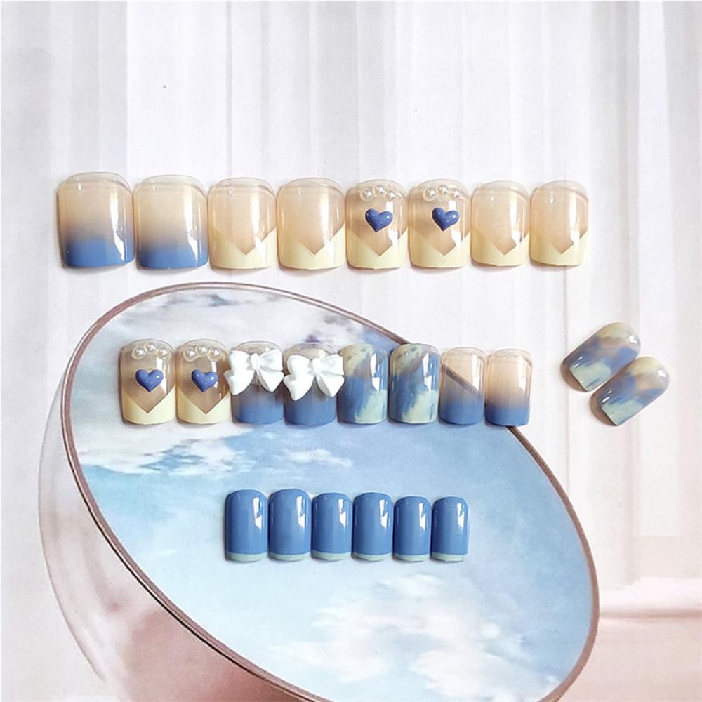 Bộ 24 Móng Tay Giả Ngắn Hình Nơ / Trái Tim Màu Xanh Dương K6P8