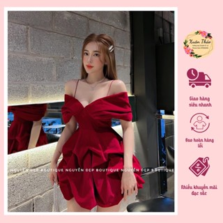 Đầm Nhung Đỏ 2 Dây, Đầm Nhung Đỏ Tay Phồng Đầm Thiết Kế Dự Tiệc Sang Chảnh Mã Số A161