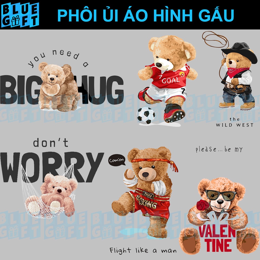 (Hình Ủi Nhiệt Quần Áo - Miếng Dán Ủi Quần Áo) Có In Theo Yêu Cầu, Hình Ủi Gấu G8 - Blue Gift