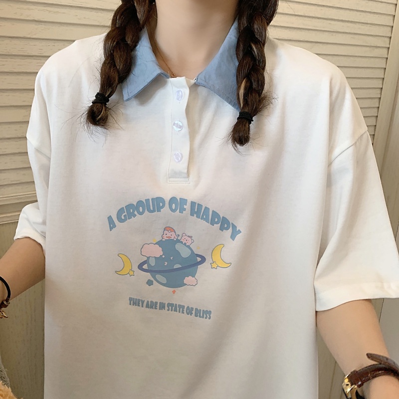Áo Polo Form Rộng Có Cổ Nữ In Hình trái Đất Cực Đáng Yêu Chất Vải Thoáng Mát Cotton TTQ0651