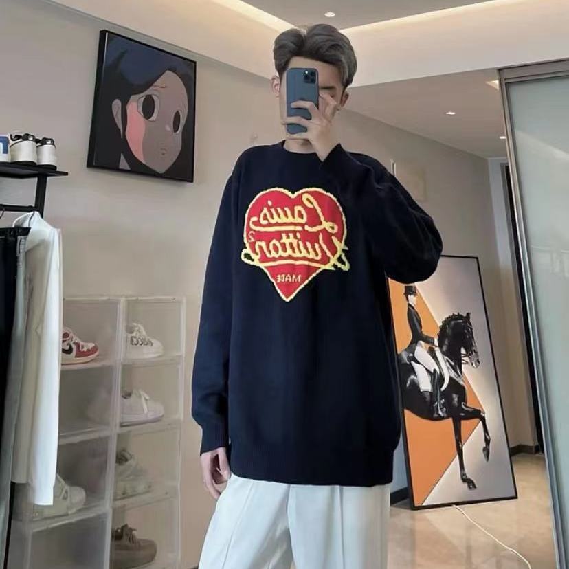 Áo Sweater Cotton Cổ Tròn Tay Dài In Họa Tiết LV 22 Trái Tim Thời Trang Thu Đông Cho Nam Và Nữ