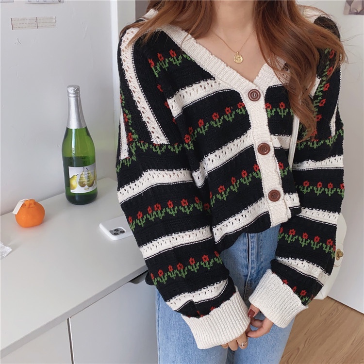 IELGYÁo Khoác cardigan Họa Tiết Hoa Phong Cách retro Hàn Quốc Dễ Phối Đồ Cho Nữ
