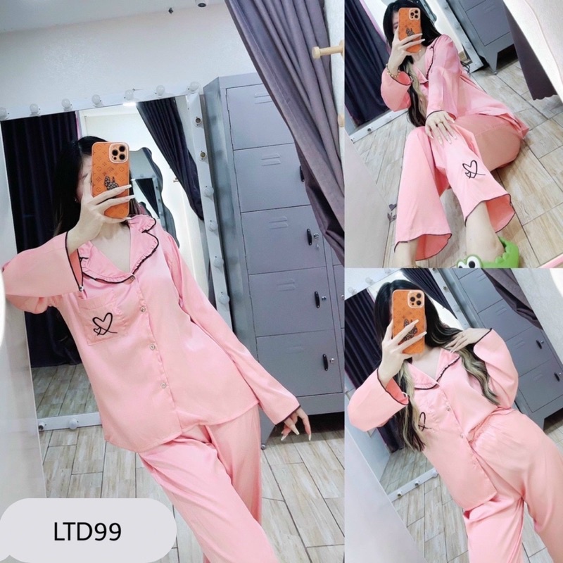 Bộ Dài Tay Lụa Tằm Thái In Hình Tim Siêu Xinh