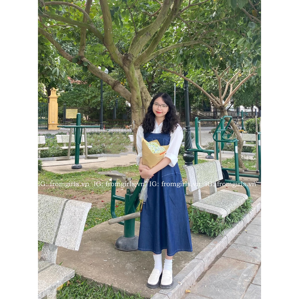Váy yếm denim dáng dài xòe, yếm bò chun nhún lưng co giãn - V99